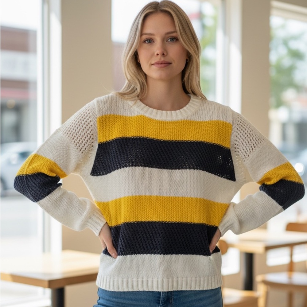 Vintage Havana Knit Sweater Size Small Summer Stripe Navy Yellow White Pullover